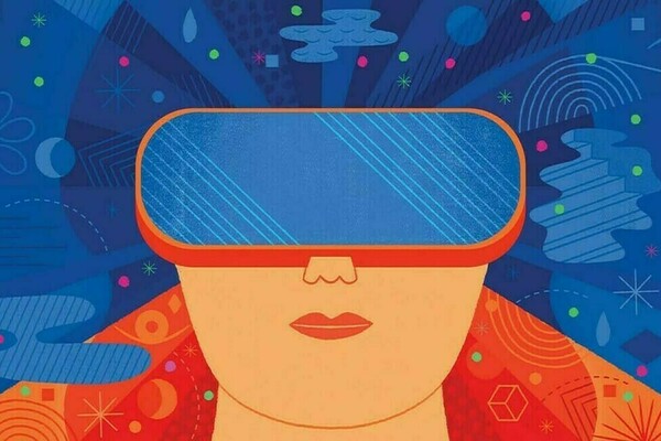 A decorative illustrated image of a woman wearing a VR headset.